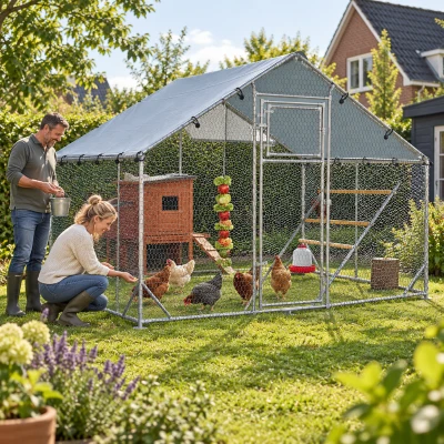 PawHut Kippenhok, kippenren met UV-bestendig zeil, staalgaas, voederautomaat, voor 6-8 kippen