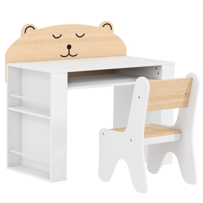 AIYAPLAY Table Enfant Bois Blanc Ourson avec Chaise et Rangement