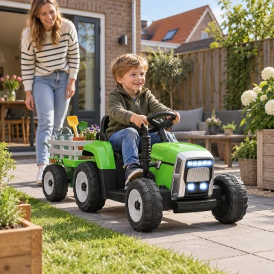 HOMCOM Elektrische kinderauto, kindertractor, inclusief ouderlijke afstandsbediening, maximale snelheid van 6 km/u, groen + zwart