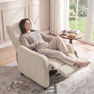 HOMCOM Manuell verstellbarer Relaxsessel bis 155° mit Leinenoptik-Stoff, Fußstütze, Taschenfedern, dicker Polsterung, Creme