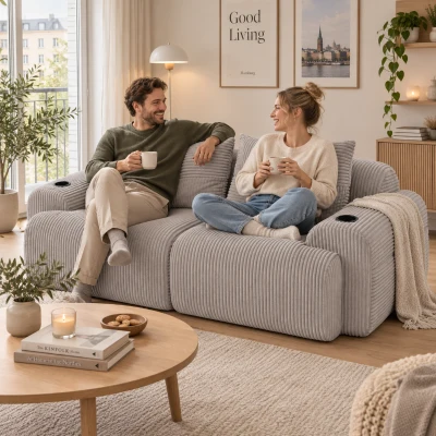 Modulares 2-Sitzer-Cordsofa, mit Getränkehalter und Seitentasche, 200 x 99 x 80 cm, Hellgrau