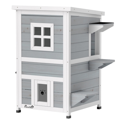 PawHut Casota Exterior para Gatos em Madeira de 2 Níveis com Telhado Basculante, Plataformas de Salto e Portas, 51x51x81,3 cm, Cinzento