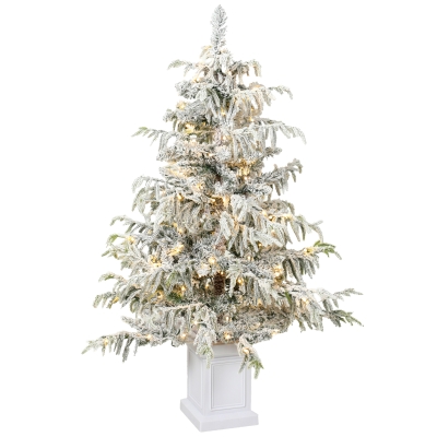 HOMCOM 4ft Prelit Flocked Christmas Tree, Artificial Snow Flocked Spruce with 160 Warm White LED Lights, 8 Modes, Green