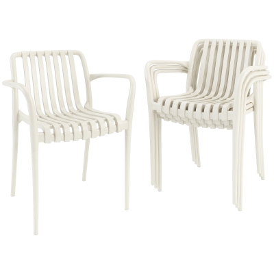 Outsunny Gartenstühle 4er Set Stapelbare Terrassenstühle mit Lamelldesign Armlehnen, Ergonomisch Cremeweiß