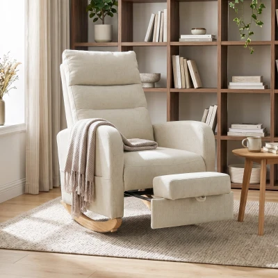 HOMCOM Upholstered Rocking Chair High Back Footrest Cream White