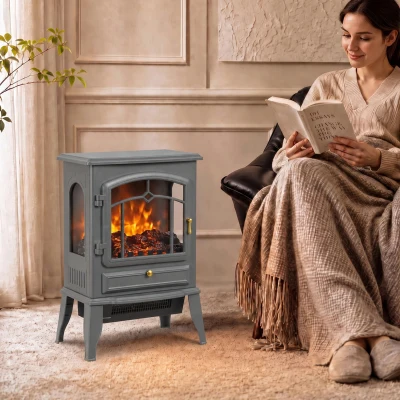 HOMCOM Electric Fireplace Stove, 1000/2000W 3-Sided Freestanding Fireplace Heater with 3D Flame Log, Thermostat, Grey