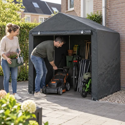 Outsunny Tuinschuur, Tentgarage, Grote Deur, Roestvrij Metalen Frame, 160x218x172 cm, Donkergrijs