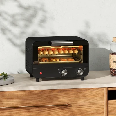 HOMCOM Small Toaster Oven, 12L Multifunction Mini Countertop Oven with Glass Door, Adjustable Temperature and Timer, Black