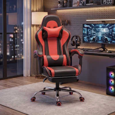 HOMCOM Ergonomischer Gaming-Stuhl mit Massage-Lendenkissen, Kunstleder, Fußstütze, Rosso