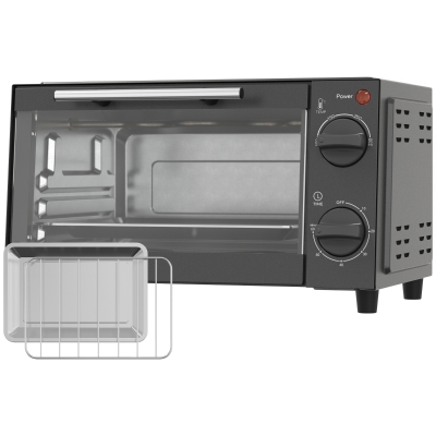 HOMCOM Mini Elektrobackofen 9L Elektrischer Tischofen 750W mit einstellbarer Temperatur, Timer, 35x24,6x20 cm, Grau