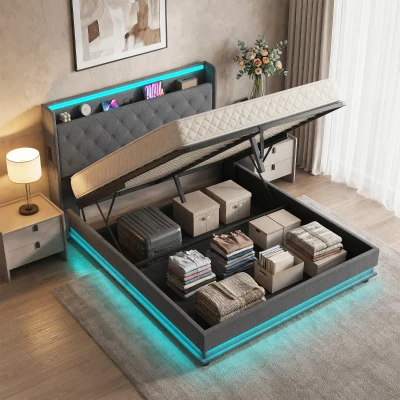 HOMCOM King Bed Frame Hydraulic Storage LED Charging Grey 5ft