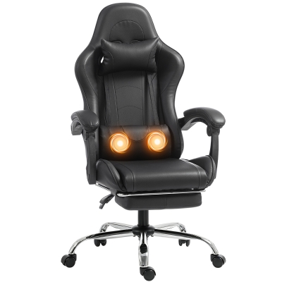 HOMCOM Scaun Gaming Ergonomic cu Pernă Lombară Masantă, Fotoliu Gaming Înclinabil din Piele Sintetică, Negru