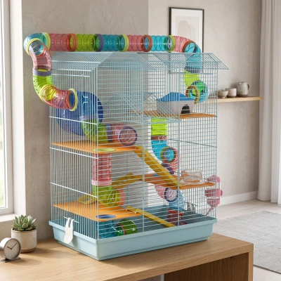PawHut Cage Hamster 5 Étages avec Tubes et Accessoires Bleu