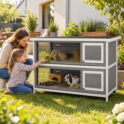 PawHut Kleintierstall für Meerschweinchen und Zwergkaninchen, doppelstöckig, Holz, Grau