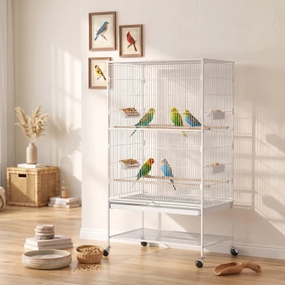 PawHut Cage à Oiseaux Blanc avec Perchoirs, Jouet, Bac Amovible
