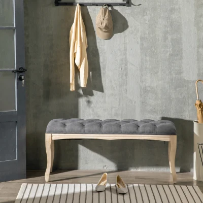 HOMCOM Banquette Capitonnée Lin Gris Bois Hévéa 110cm