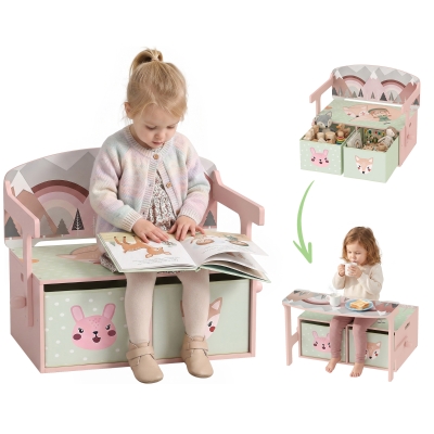 AIYAPLAY 3 em 1 Banco Porta-Brinquedos para Crianças, Convertível em Mesa e Cadeira com 2 Caixas, Estampa Raposinha, Rosa
