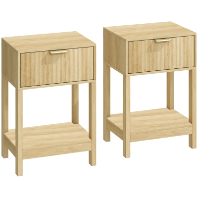 HOMCOM Set de 2 Noptiere, Măsuțe Laterale cu Sertar, Fațadă Canelată și Etajeră Deschisă, 40 x 30 x 60 cm, Stejar