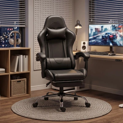 HOMCOM Scaun Gaming Ergonomic cu Pernă Lombară Masantă, Fotoliu Gaming Înclinabil din Piele Sintetică, Negru