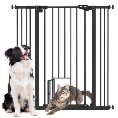 PawHut Extra Tall Pet Gate with Cat Flap 74-101cm Black