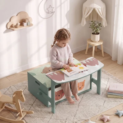 AIYAPLAY Banco Infantil Convertible 3 en 1 Juego de Mesa y Silla Baúl de Juguetes con 2 Cajones de Tela 3-6 Años Verde