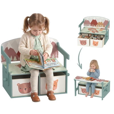 AIYAPLAY Banco Infantil Convertible 3 en 1 Juego de Mesa y Silla Baúl de Juguetes con 2 Cajones de Tela 3-6 Años Verde