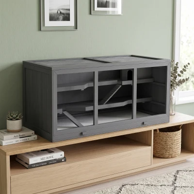 PawHut Jaula para hámster jaula para jerbos 2 niveles techo abatible ventanas caseta 2 escaleras, 115 x 57 x 55 cm, gris