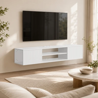 HOMCOM Meuble TV Suspendu Blanc LED RGB Étagère Réglable 165cm
