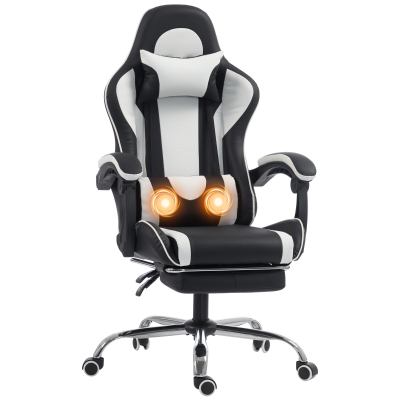HOMCOM Cadeira Gaming Ergonômica Massagiante com Almofada Lombar Ajustável, Couro Sintético, Apoio para Pés, Branco