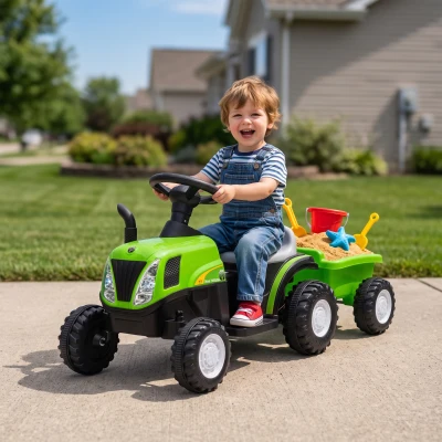 AIYAPLAY Tractor Eléctrico para Niños con Remolque Desmontable 6V Luces Música Claxon Pedal para Niños 1-3 Años 2,5 km/h Verde