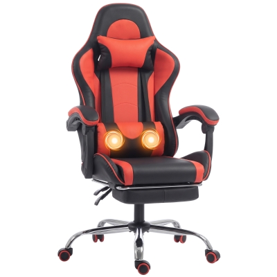 HOMCOM Cadeira Gamer Ergonômica Massageadora com Almofada Lombar Ajustável, Couro Sintético, Apoio para Pés, Vermelha