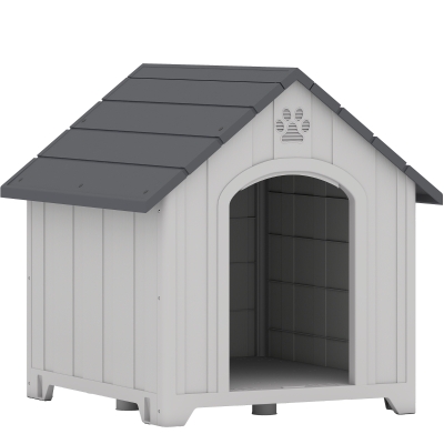 PawHut Außen-Hundehütte, Hundehütte aus wasserdichtem Polypropylen belüftet erhöhter Boden 66x55x65 cm hellgrau