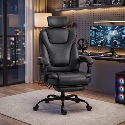 HOMCOM Ergonomischer Gaming-Stuhl, neigbarer Gaming-Sessel aus Kunstleder, höhenverstellbar, 2D-Kopfstütze, Schwarz