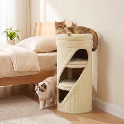 PawHut Arranhador 75 cm de Altura Ø35 cm Torre Arranhadora 4 Níveis com 3 Cavernas Cama de Pelúcia Removível e Lavável Superfície de Sisal
