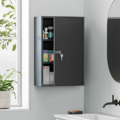 kleankin Dulap pentru medicamente cu 3 niveluri din metal, cu 2 chei și montare pe perete, 40 x 18 x 60 cm, gri