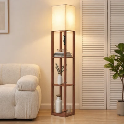 HOMCOM Candeeiro de Pé com 3 Prateleiras LED Regulável Controlo Tátil e Remoto Abajur em Tecido Lâmpada Incluída Castanho