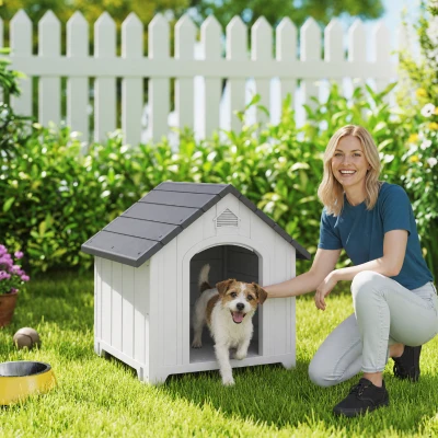PawHut Außen-Hundehütte, Hundehütte aus Polypropylen, wasserdicht, belüftet, erhöhter Boden 66x55x65cm hellgrau