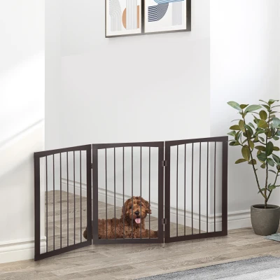 PawHut Barrera de Seguridad Plegable de 3 Paneles 160x76 cm Rejilla de Protección para Perros Pequeños para Puertas Escaleras Pasillos Café Oscuro