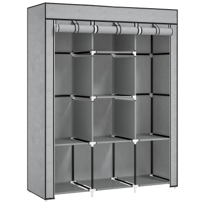 HOMCOM Kast van stof, opslagoplossing, 8 planken, 2 kledingstangen, Grijs