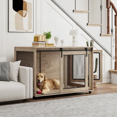 PawHut Dog Crate Furniture with Sliding Door for XL Dogs, Brown