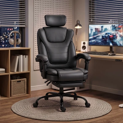 HOMCOM Scaun Gaming Ergonomic, Fotoliu Gaming Înclinabil din Piele Sintetică, Înălțime Reglabilă, Suport Cap 2D, Negru