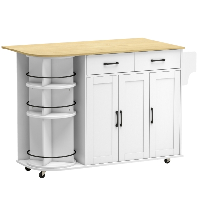 HOMCOM Isla de Cocina con 5 Ruedas Encimera Extensible 3 Estantes Giratorios 360° 2 Cajones 3 Puertas Toallero Blanco
