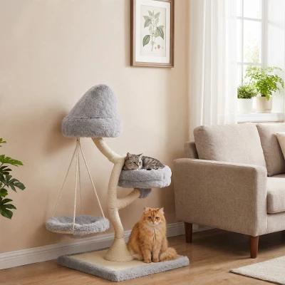 PawHut Rascador de 115 cm con diseño arbóreo, 2 camas lavables, hamaca y poste rascador de sisal, para gatos de hasta 6 kg