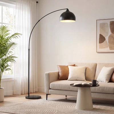 HOMCOM Booglamp, vloerlamp, hoogte verstelbaar, voetschakelaar, voet in marmerlook, 170-180 cm, zwart