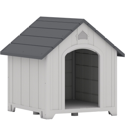 PawHut Casota para Cão Exterior Casota para Cão em Polipropileno Impermeável Ventilada Pavimento Elevado 66x55x65 cm Cinza Claro