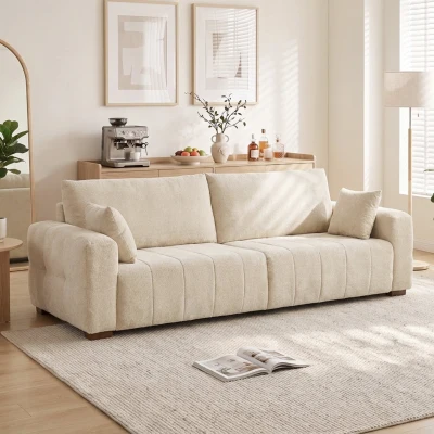 HOMCOM Sofá 3 Lugares com Apoios de Braço ao Nível do Chão Sofá Estofado para Sala Pernas em Madeira Creme