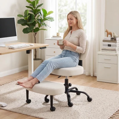HOMCOM Scaun de birou ergonomic pentru picioare încrucișate rotativ 360° roți PU înălțime reglabilă pentru ADHD meditație crem
