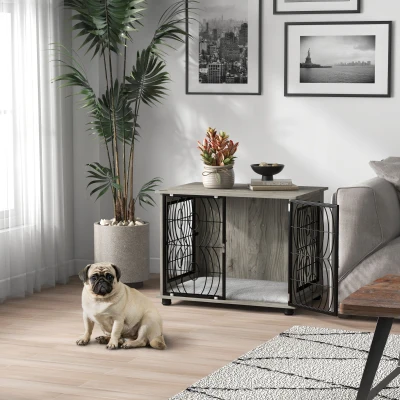 Indoor Dog Crate Furniture End Table w/ Plush Washable Cushion, Lockable Door, for Medium Dogs