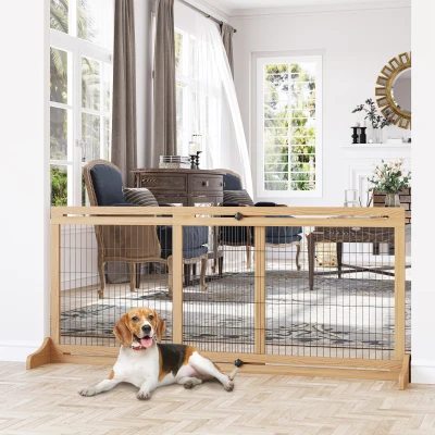 PawHut Barrera de Seguridad para Perros Extensible Barrera para Perros en Casa de Madera 104-180x36x69 cm Natural