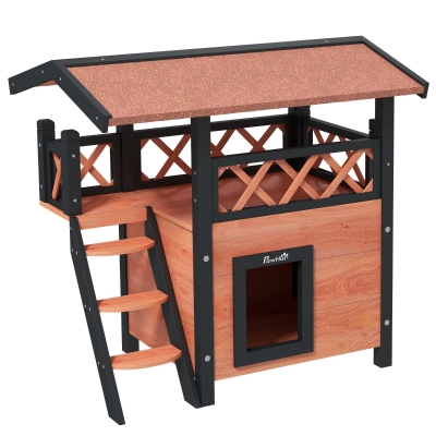 PawHut Caseta para Gato Exterior con Terraza, Escalera, Techo, Nicho Villa, 77 x 50 x 73 cm Marrón y Rojo